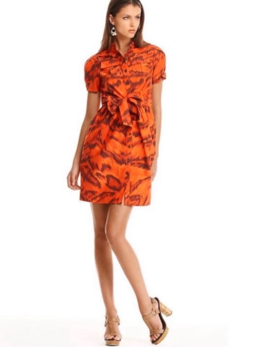 Diane Von Furstenberg Bold Orange Printed Tie-Waist Mini Shirtdress